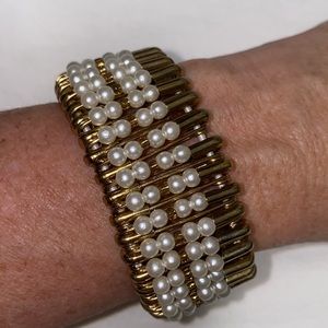 Antique style handmade Bracelet with gold tone safety pins and pearl beads